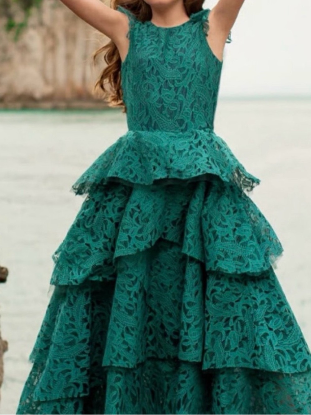 Joyfolie Emerald Green Lace Tiered Peplum Ball Gown
